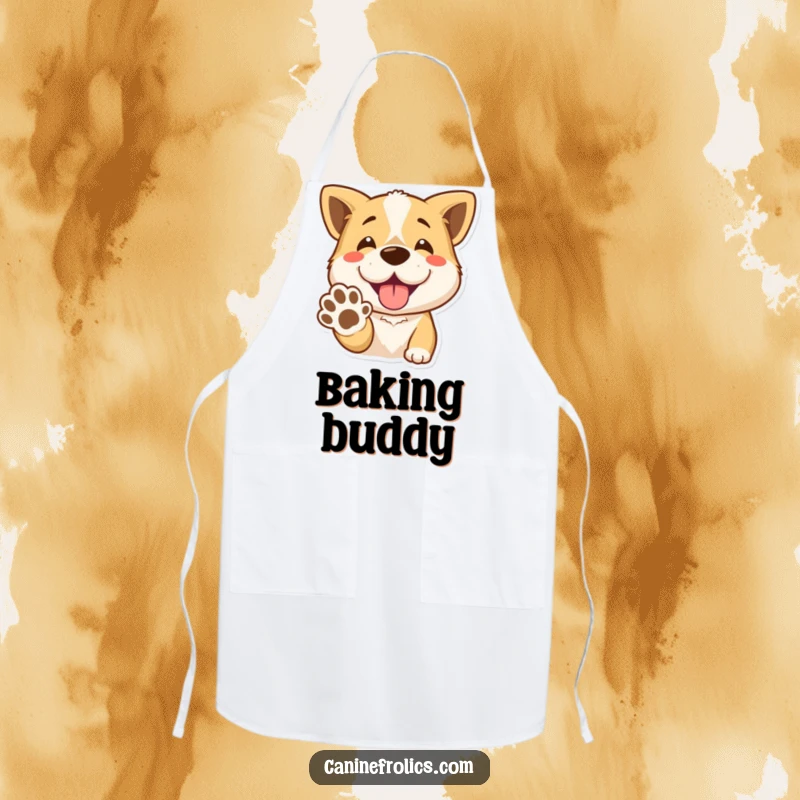 Funny Apron: A cheerful dog with a big smile extends its paw for a handshake. A humorous and practical kitchen accessory.