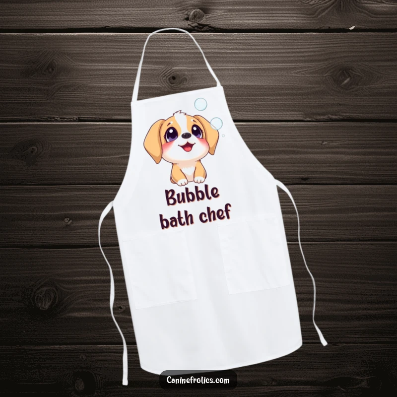 Funny dog apron showing a delighted dog mesmerized by floating bubbles, perfect for kitchen activities and bringing humor.