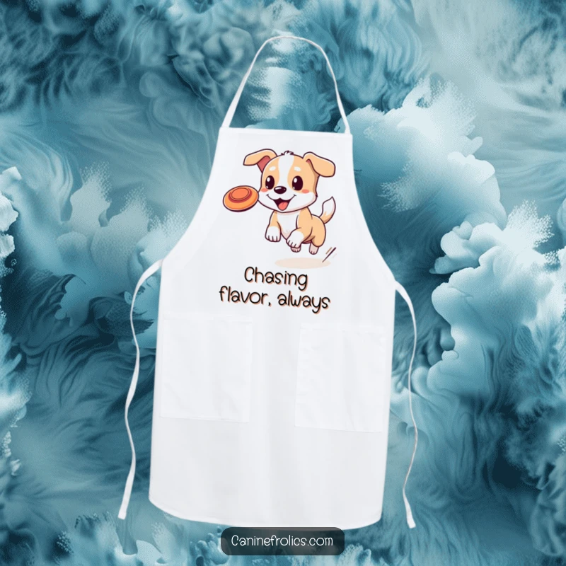 Funny dog apron showing a dog with a wagging tail jumping to catch a frisbee, celebrating active fun in the kitchen.