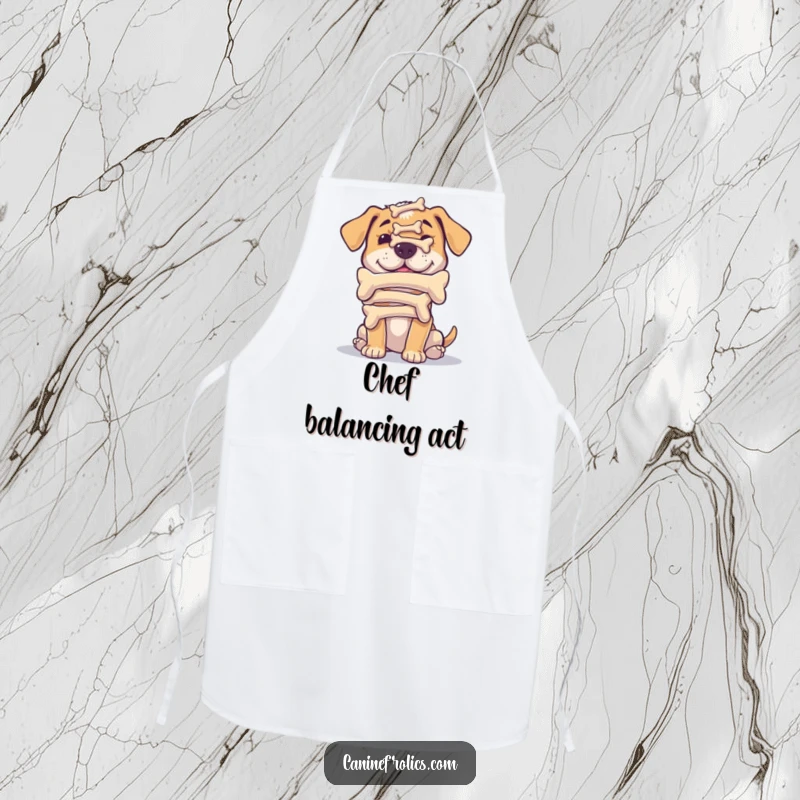 Funny apron with a dog humorously balancing a stack of bones on its nose, adding a funny touch to cooking.