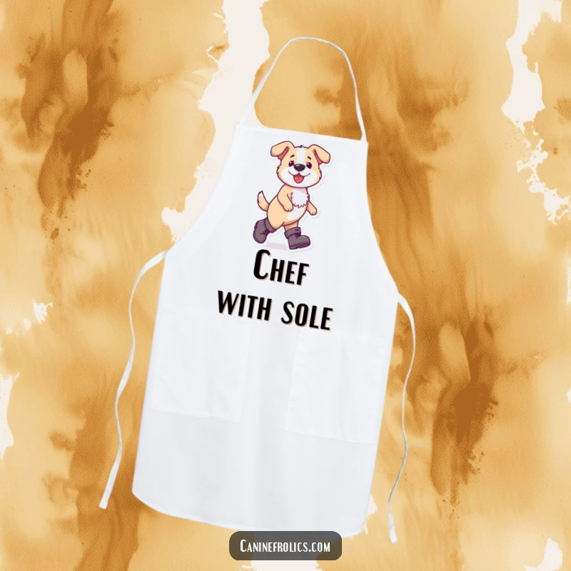 Funny dog apron showing a dog wearing large boots and walking confidently, perfect for kitchen tasks with a humorous touch.