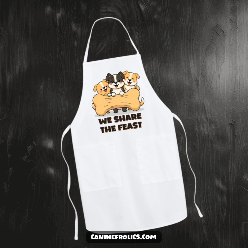 Funny Chef Dog Apron, showing a pack of simplified, happy dogs sharing a giant bone, embodying kitchen camaraderie.