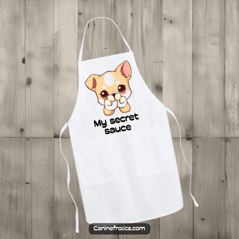 Funny Chef Dog Apron, showing a dog with comically large eyes winking while wearing a chef hat, ready for kitchen fun.