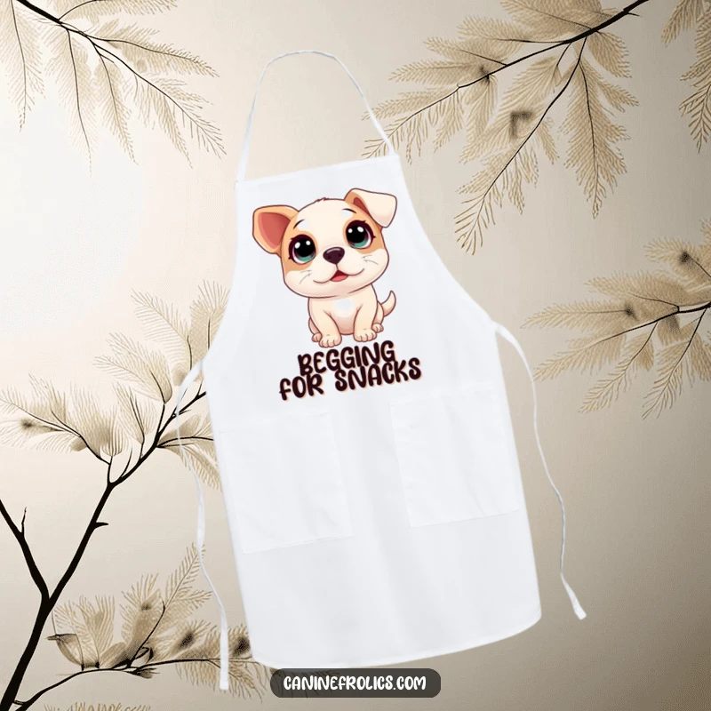 Funny apron featuring a dog with large, innocent eyes looking up, brimming with excitement for culinary adventures.