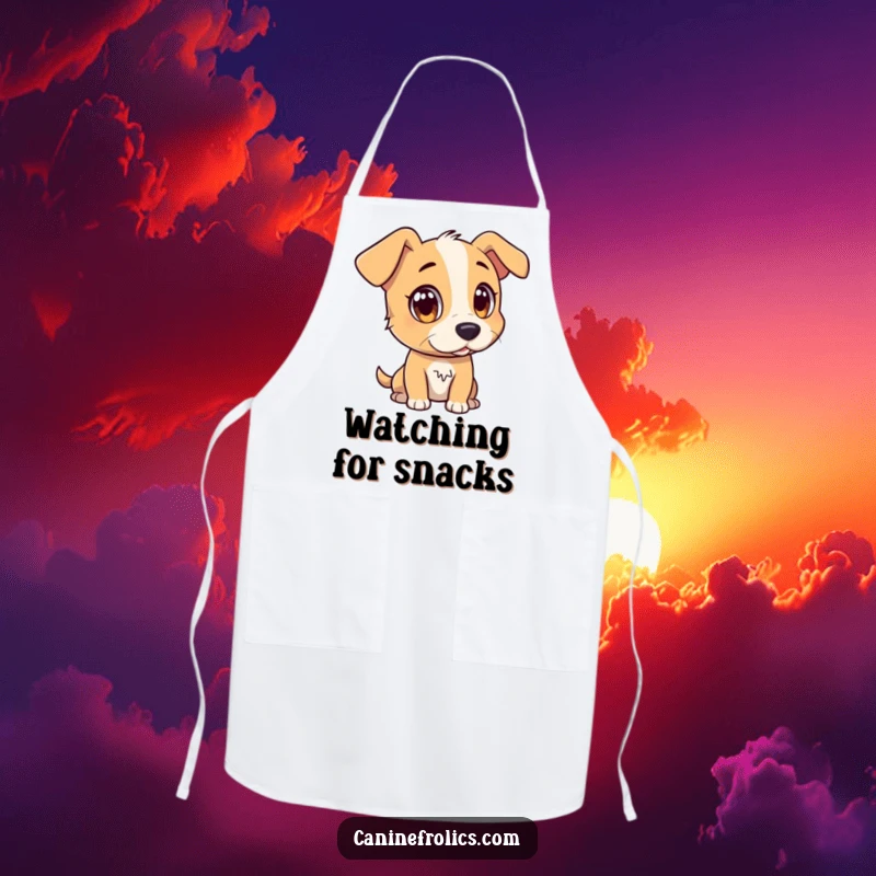 Funny apron showing a dog character with wide, attentive eyes, watching a distant, interesting object, perfect for kitchen focus.