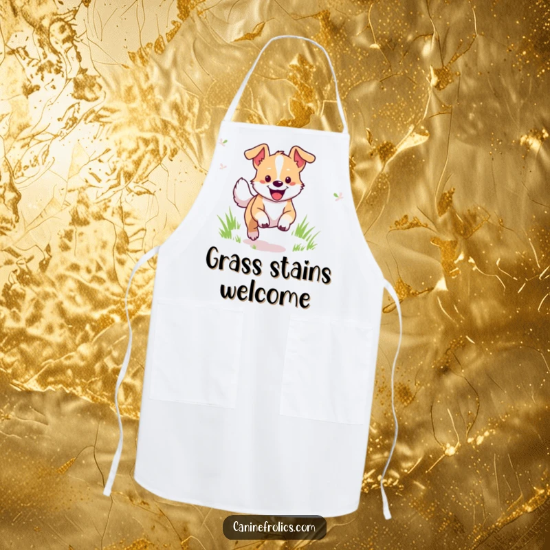 Funny Dog Apron: Cheerful dog character in playful motion, bounding through a grassy field, adding humor to cooking.