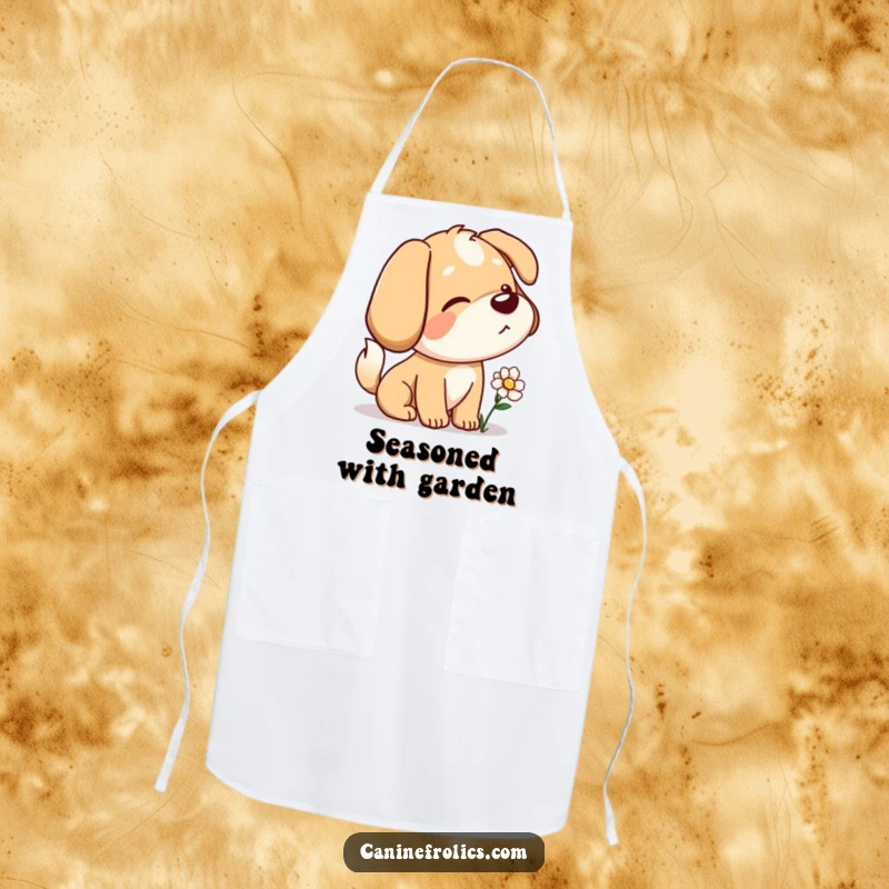 Funny apron showing a dog character with a wagging tail, curiously sniffing a flower, perfect for a whimsical kitchen.