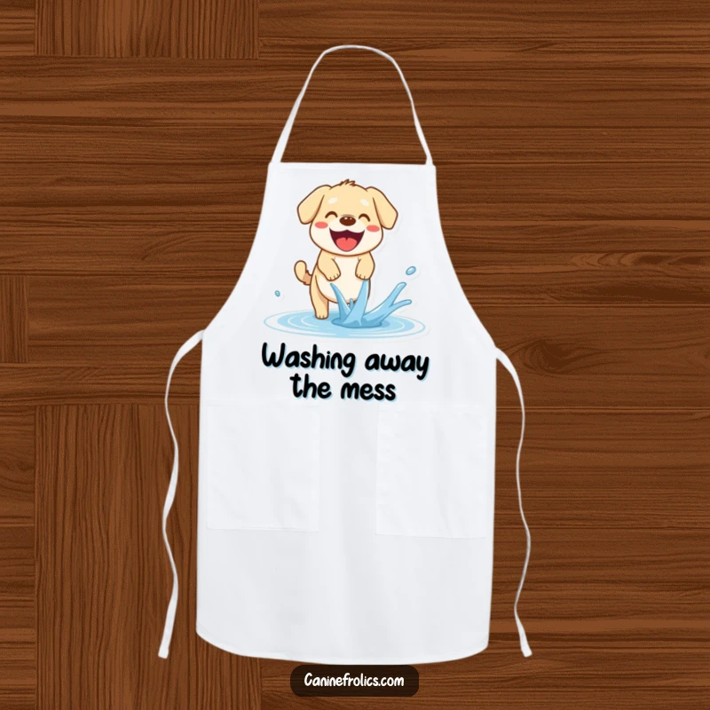 Funny Dog Apron: A happy dog pants with mouth open, joyfully trying to catch a stream of water, adding refreshing fun to kitchen tasks.