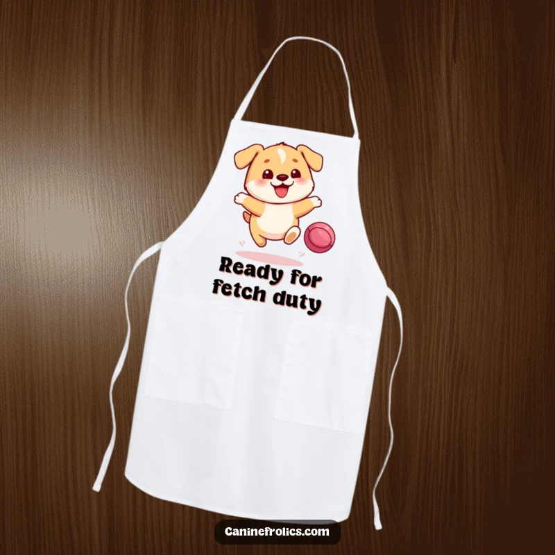 Funny Dog Apron: A small, round dog with a joyful expression leaps dynamically towards a bouncing ball, ready for kitchen fun.