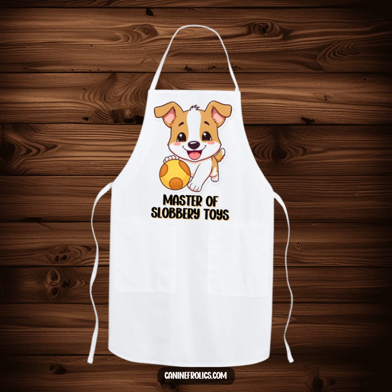 Funny dog apron showing a dog with a massive smile in full pursuit of a red ball, perfect for a humorous kitchen.