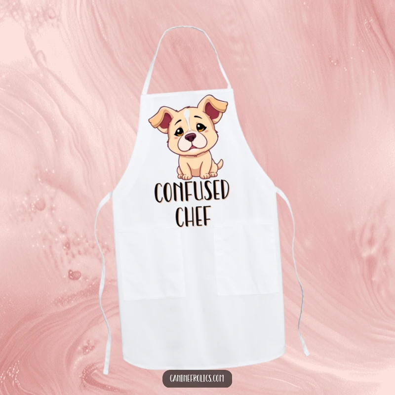 Funny apron featuring a dog with floppy ears and a playfully confused expression, perfect for adding humor to kitchen tasks.