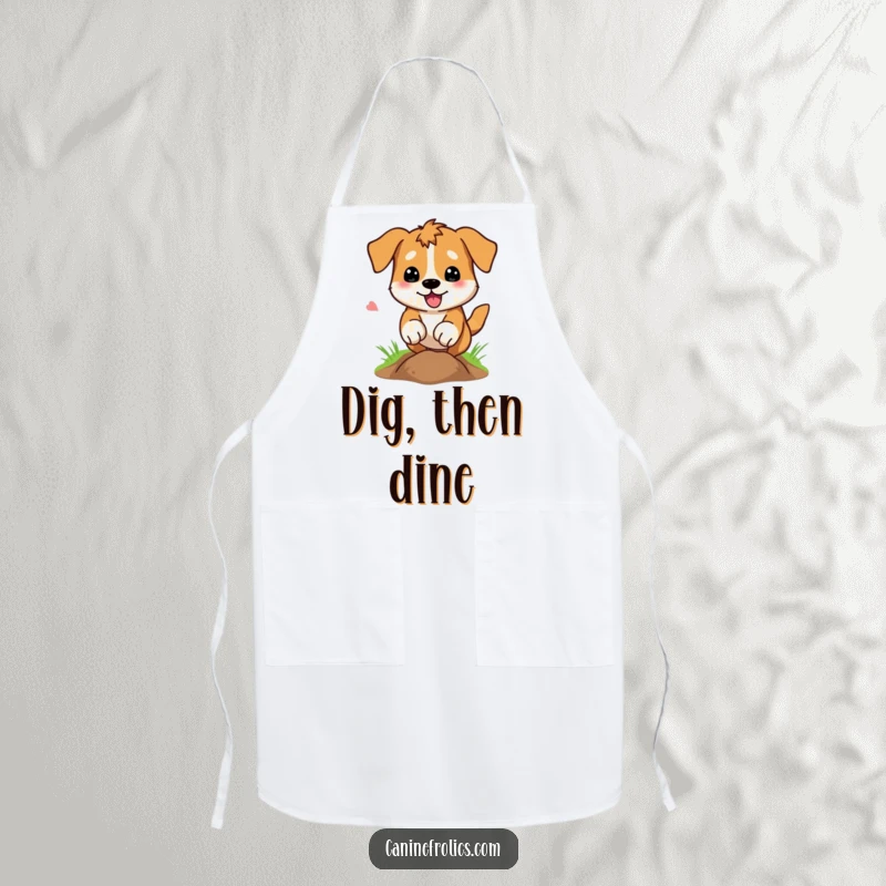 Funny Dog Apron: A dog energetically digging a hole, paws flying, bringing a sense of playful excavation and enthusiasm to the kitchen.