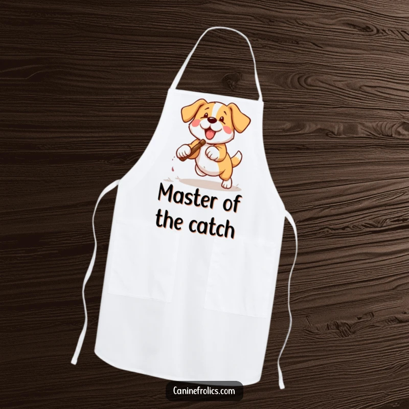 Funny dog apron illustration of a dog happily retrieving a stick, perfect for a playful cook.