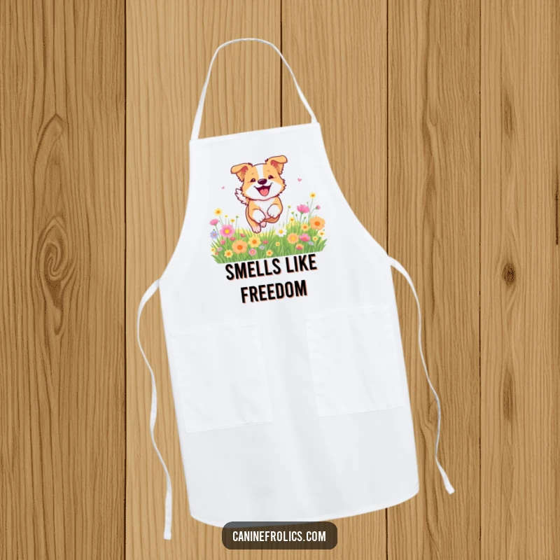 Funny dog apron showing a dog bounding through a flower field, adding a touch of nature's joy to cooking.