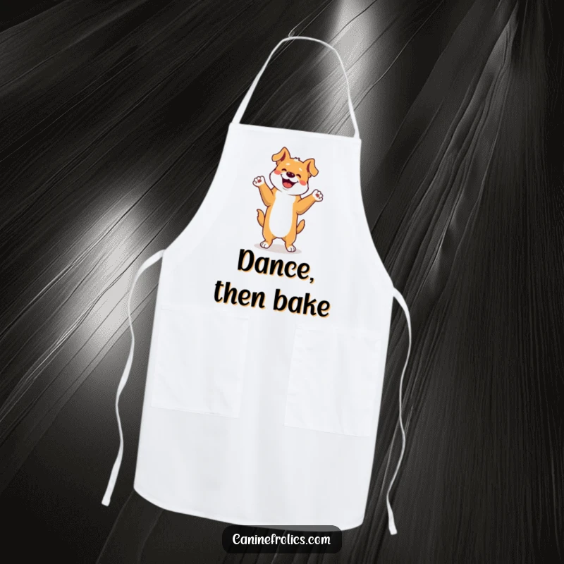 Funny Dog Apron: A dog performing an energetic happy dance on its hind legs, paws raised, bringing a sense of playful celebration to the kitchen.