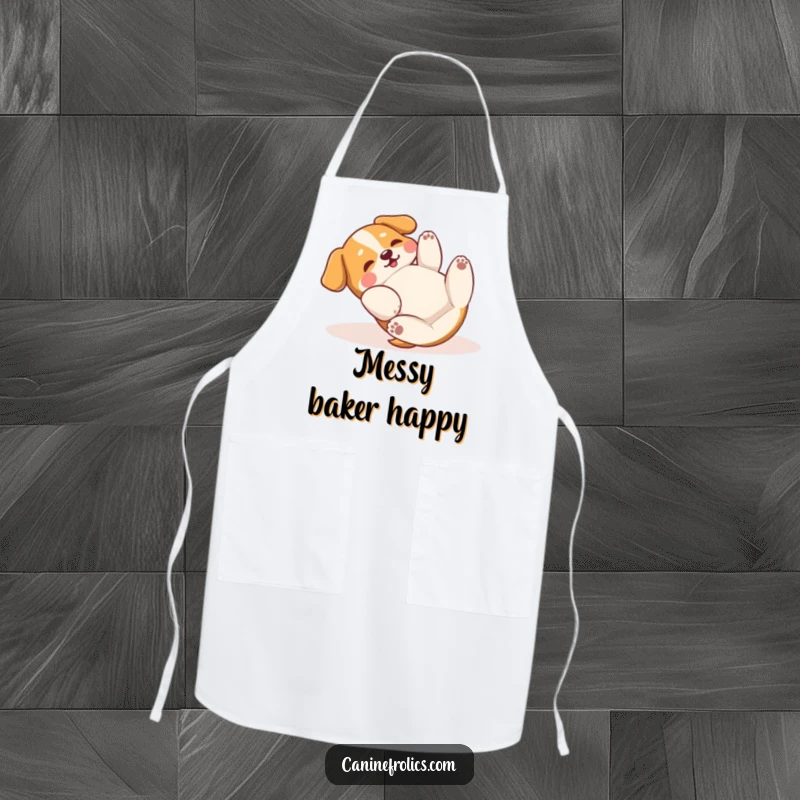 Funny Apron: A dog is caught in a hilarious roll on its back, paws batting the air, ready to make some mess-terpieces.