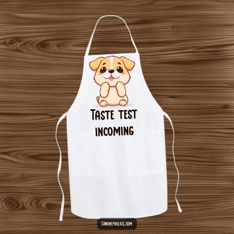 Funny dog apron showing a dog with paws up, looking eagerly at a treat, great for kitchen fun and spills.