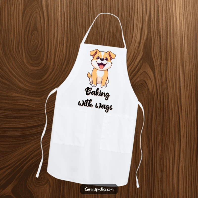 Funny apron featuring a dog with its entire body wiggling in enthusiastic wagging, ready for kitchen adventures.