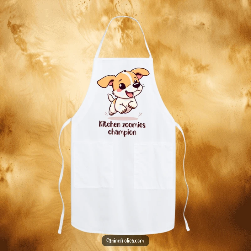 Funny dog apron of a dog with floppy ears flying as it runs with abandon, perfect for adding humor to the kitchen.