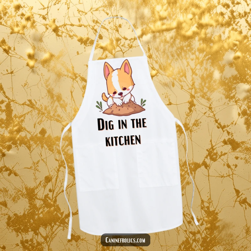Funny apron showing a dog playfully digging in a small mound of dirt, perfect for adding humor to cooking.