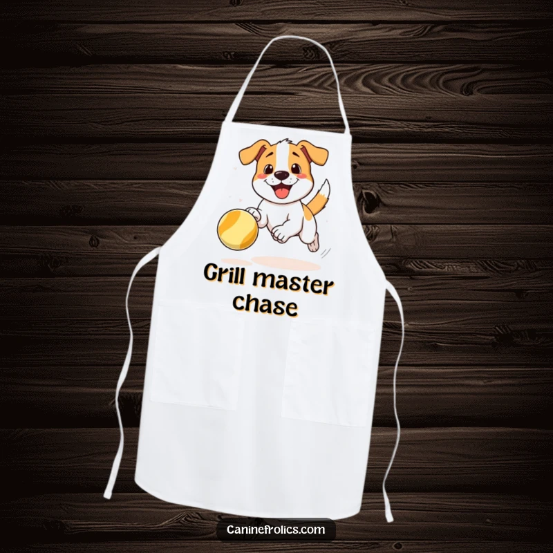 Funny apron showing a dog character joyfully chasing a bouncing ball, perfect for adding humor to kitchen tasks.