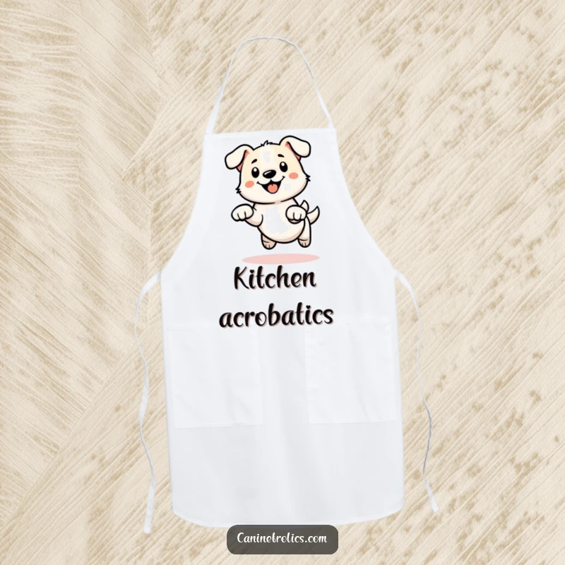 Funny apron with a simplified dog outline, energetic paws depicted mid-leap, perfect for the active home cook.