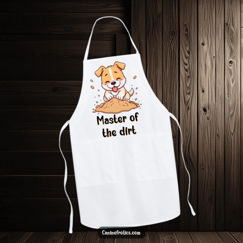 Funny dog apron, a joyful dog digging with dirt flying outwards, perfect for messy chefs and gardeners.