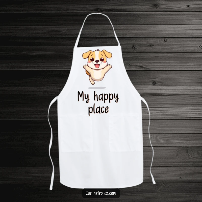 Funny dog apron featuring a stylized dog character joyfully bounding, ready to add humor to any kitchen activity.