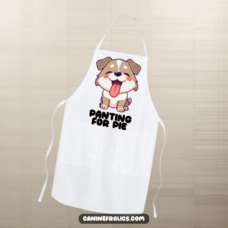 Funny apron showing a dog with its tongue hanging out, panting with happiness, ideal for joyful kitchen endeavors.