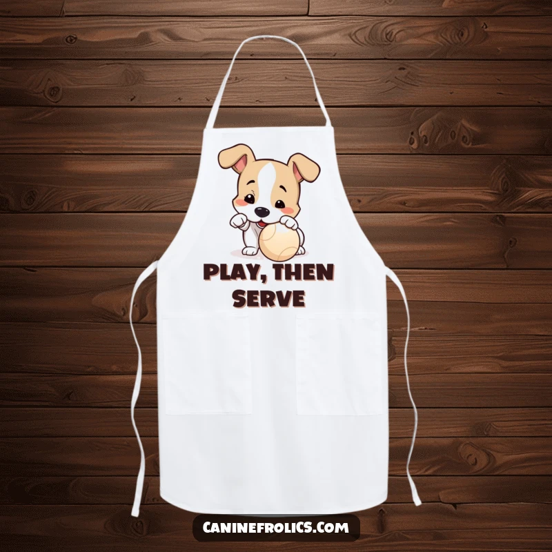 Funny Dog Apron: A dog playfully nudging a ball with its nose, ready to start, bringing a sense of eager playfulness to the kitchen.