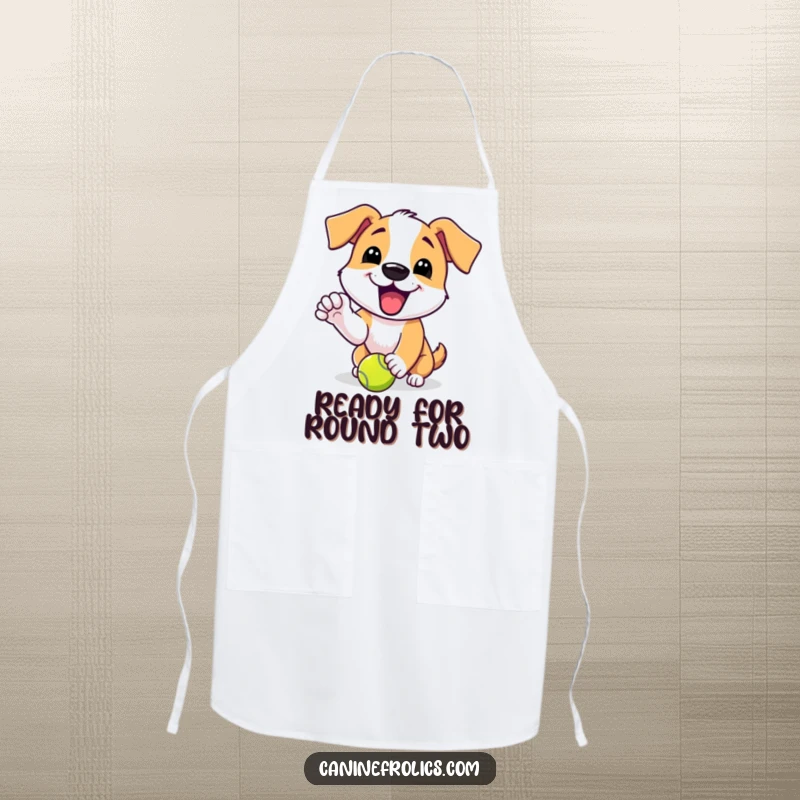 Funny apron showing a dog character with an excited yip, playfully nudging a tennis ball, perfect for kitchen fun.