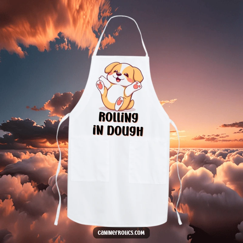 Funny dog apron with a character playfully rolling on its back with paws in the air, making cooking a fun and joyful activity.