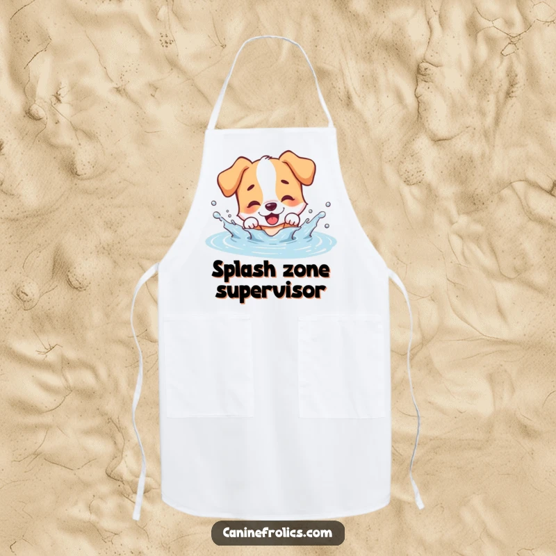 Funny dog apron, a happy dog character enthusiastically splashing in a puddle, perfect for kitchen fun.