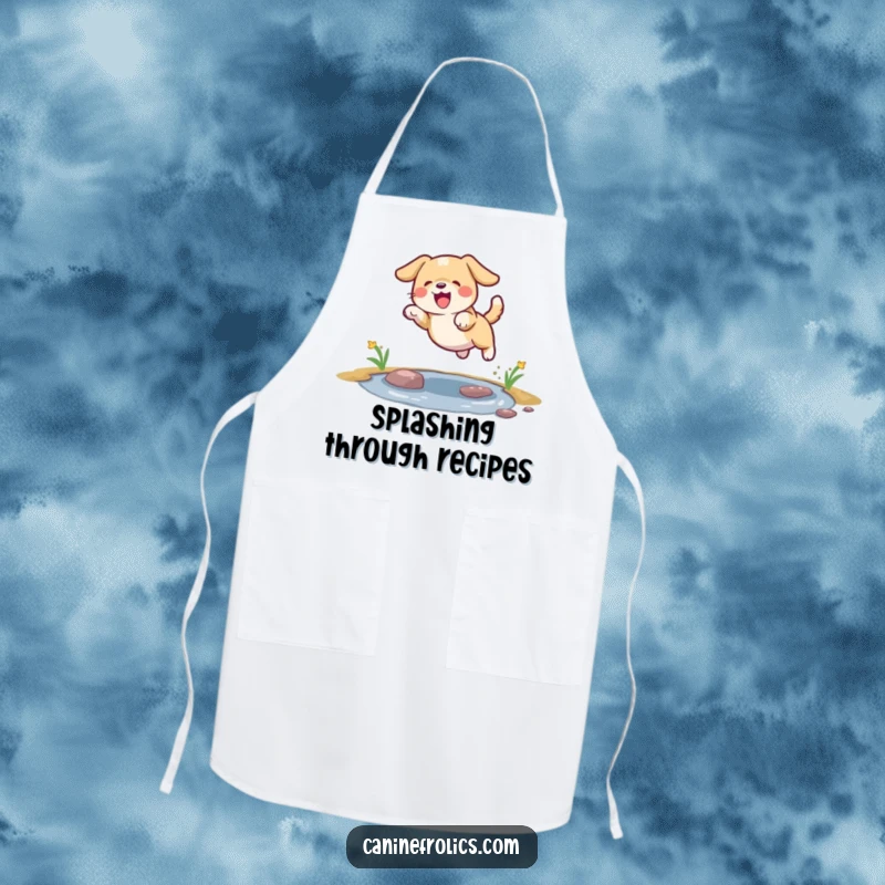 Funny dog apron depicting a dog joyfully leaping over a small puddle, perfect for a playful chef.