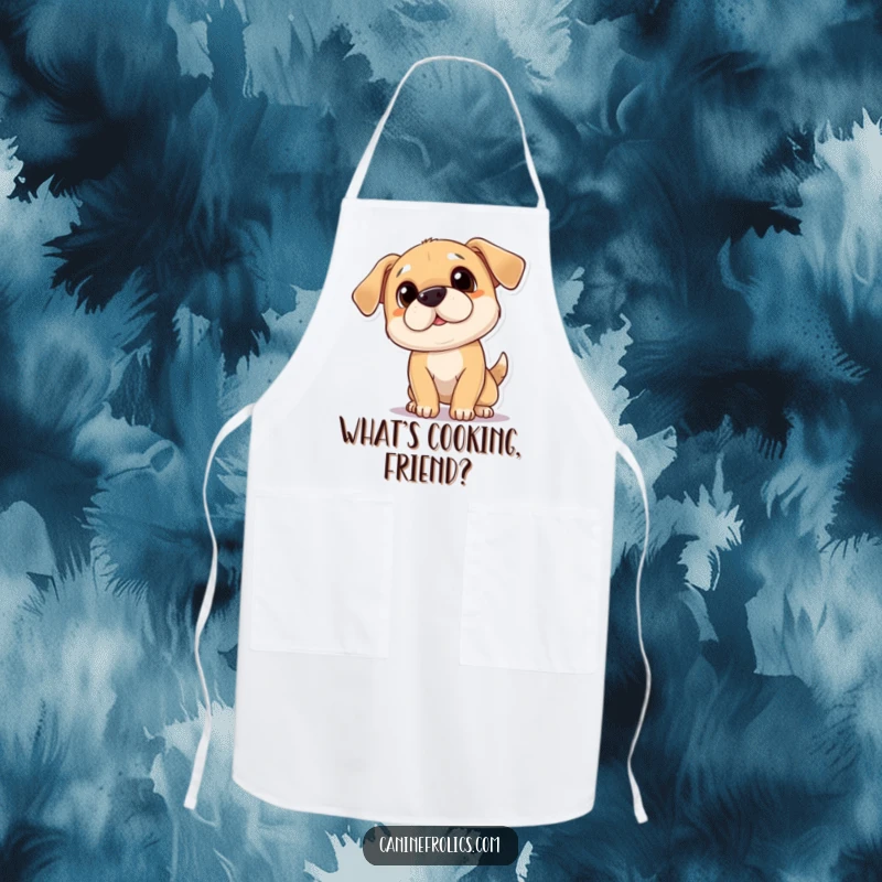 Funny apron with a playful dog tilting its head with a curious expression, perfect for adding cheer to the kitchen.