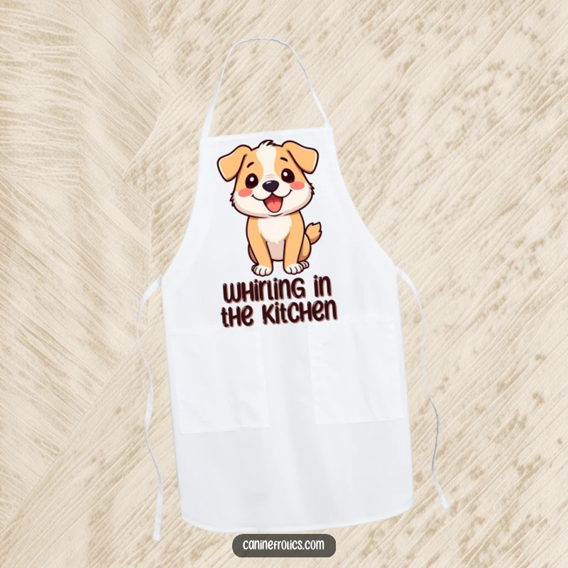 Funny dog apron depicting a dog in a full zoomie spin, perfect for a lively kitchen.