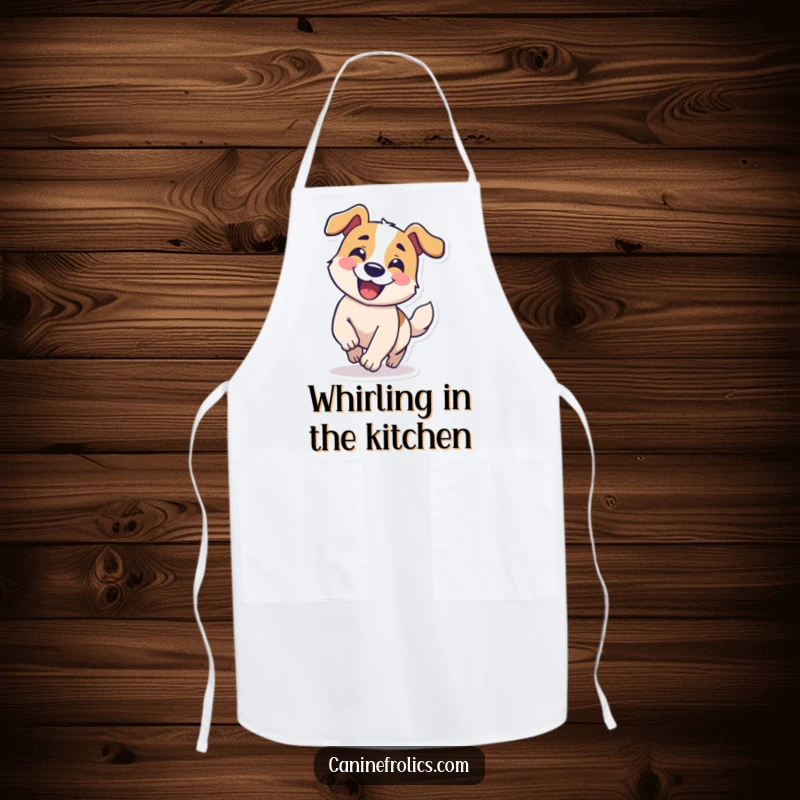 Funny apron showing a dog character grinning and chasing its tail in a comical circle, perfect for kitchen fun.