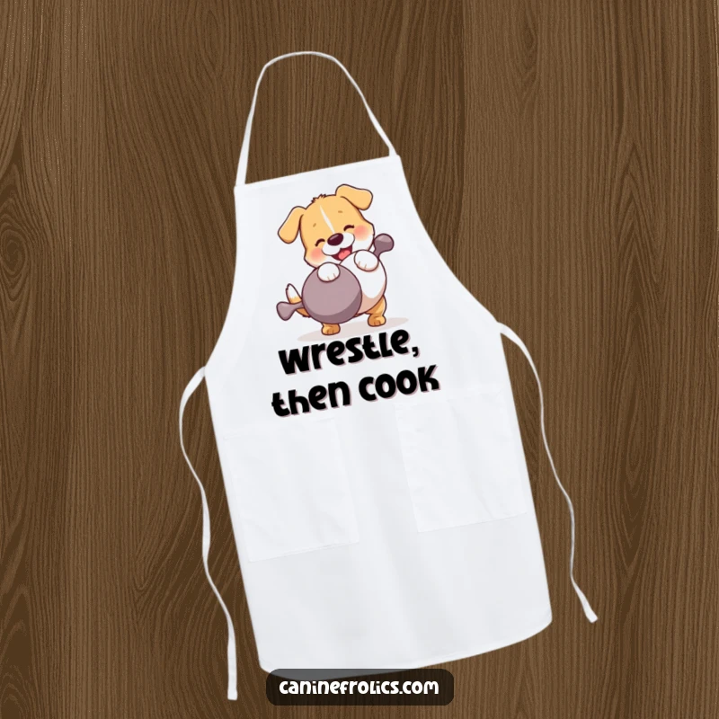 Funny Dog Apron: A dog hilariously wrestling with an enormous squeaky toy, adding a splash of comedic energy to any kitchen or cooking activity.