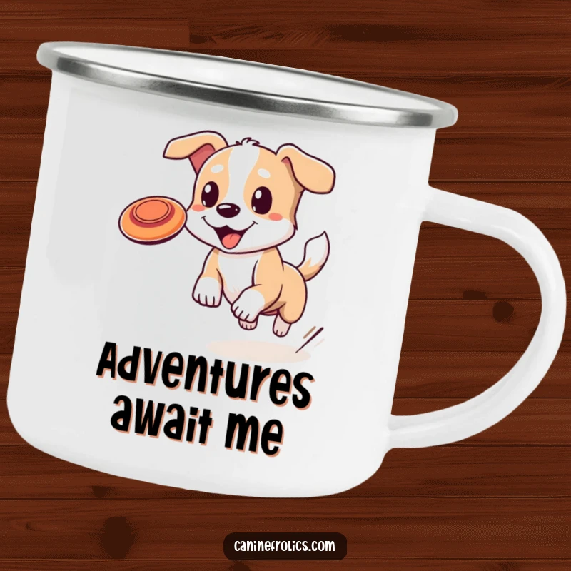 Funny dog camping mug showing a dog with a wagging tail mid-jump for a frisbee, ready for outdoor fun.
