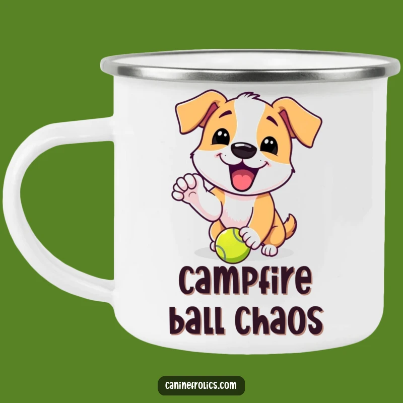 Funny Dog Camping Mug: Tennis Ball Player, Excited Yip, Adventure Ready