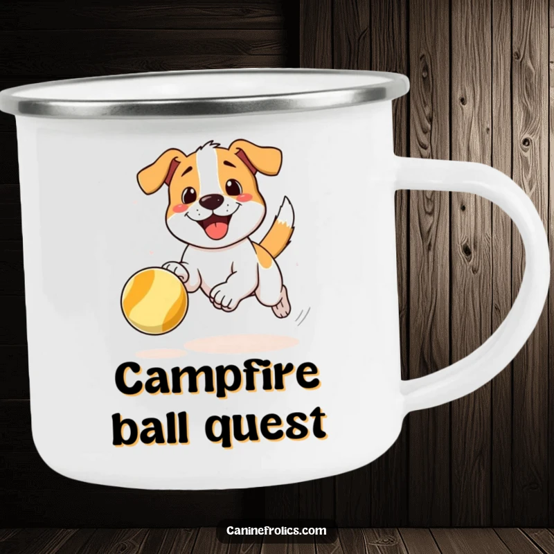 Funny enamel camping mug showing a dog joyfully chasing a bouncing ball, perfect for bringing fun to outdoor drinks.