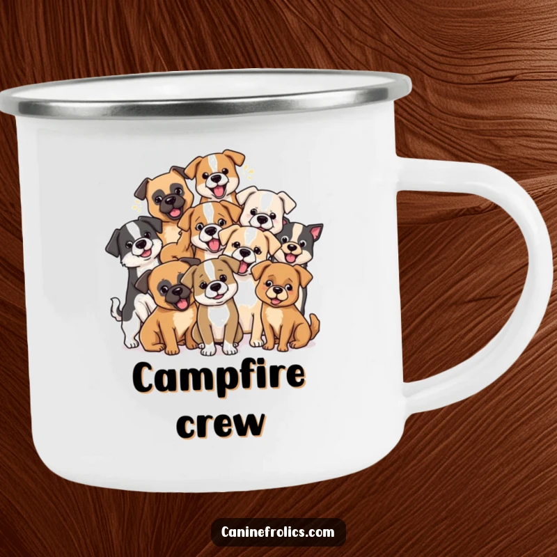 Funny dog camping mug showing a group of diverse dog breeds playfully interacting, perfect for any outdoor enthusiast.