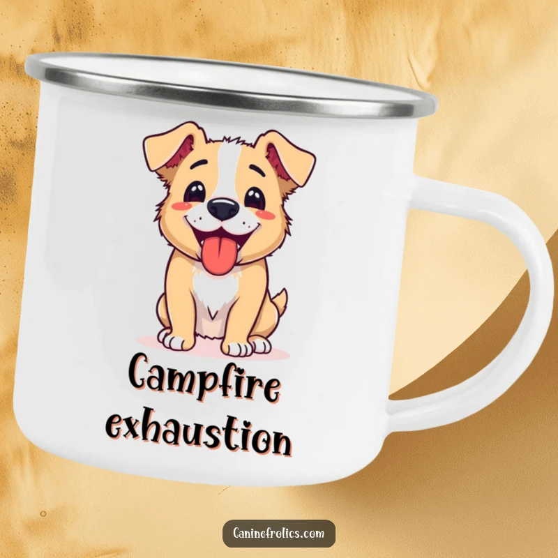 Funny camping mug with a dog panting happily, tongue lolling, exuding satisfaction after a day of exciting outdoor activities.