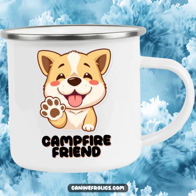 Funny Camping Mug: A cheerful dog smiles and offers its paw for a handshake. A humorous and durable outdoor cup.