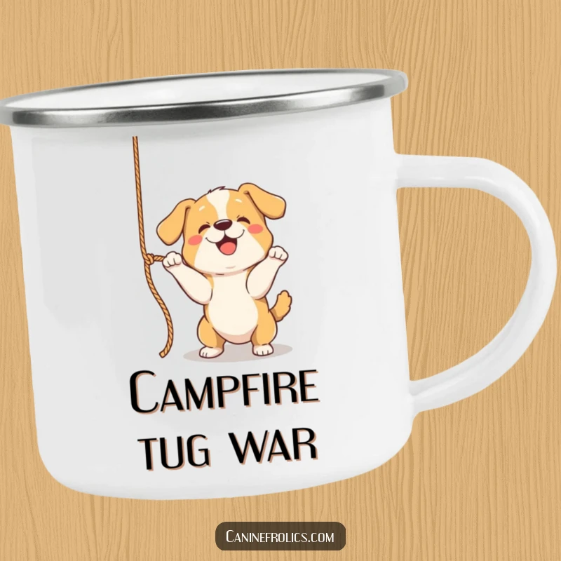 Funny Camping Mug, featuring a dog playfully batting at a dangling rope, bringing fun to outdoor coffee breaks.
