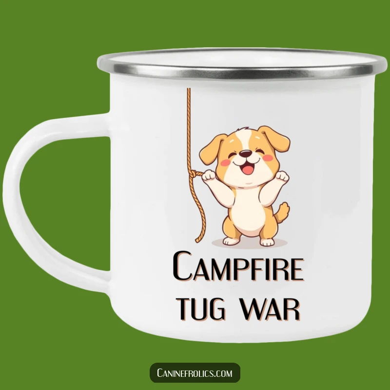 Funny Camping Mug - Playful Dog Rope Batting, Outdoor Coffee Cup, Perfect Funny Gift