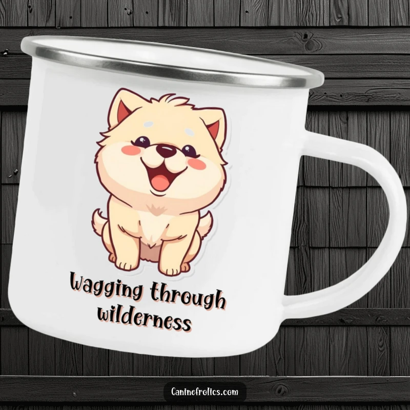 Funny fluffy dog camping mug featuring a character with a big happy grin and wagging tail, ideal for enjoying drinks outdoors with joy.