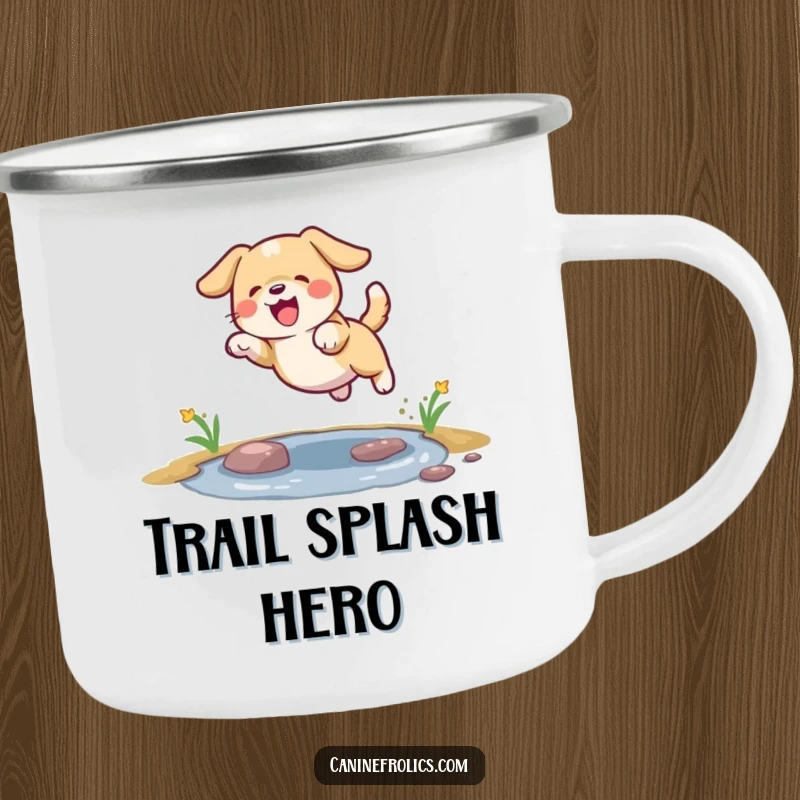 Funny enamel camping mug featuring a dog mid-leap over a puddle, perfect for cheerful campers.