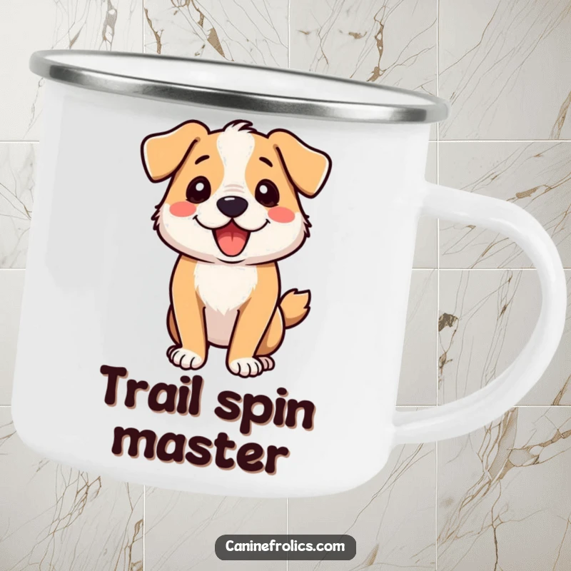 Funny enamel camping mug featuring a dog mid-zoomie, perfect for those who embrace wild fun.
