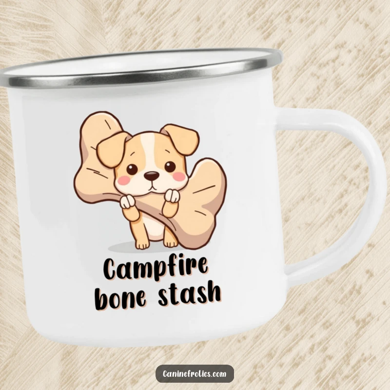 Funny dog camping mug featuring a character peeking from behind an oversized bone, ideal for enjoying drinks during outdoor adventures with playful charm.